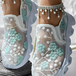 Floral Pattern Sheer Mesh Patch Round Toe Sneakers