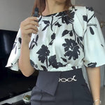 2 Pieces Outfit Floral Print Round Neck Bell Sleeve Satin Top and High Waist Wide Leg Work Pants Set