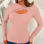 Women's Rib Knit Long Sleeve Top Gold Buckle Cut Out Tee Twisted Front Hollow Out Slim Fit Top