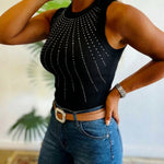 Rhinestone Decor O-neck Sleeveless Tank Slim Fit Ribbed Tank Top