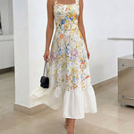 Women's Floral Maxi Dress Square Neck Sleeveless Ruffle Hem Sundress Backless Shirred Summer Vacation Dress with Belt