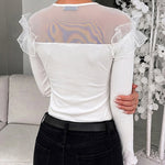 Women's Ruffle Sheer Mesh Spliced Long Sleeve Ribbed Knit Top