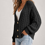 Women's Cable Knit Cardigan V Neck Button Down Chunky Knit Sweater Loose Lantern Sleeve Warm Outerwear