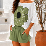 Women's 2 Piece Lounge Set Floral Print Boat Neck Top and Shorts Casual Pajamas Set