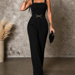 Women's Square Neck Jumpsuit Thick Strap Gold Decor High Waist Straight Leg Overalls with Pockets