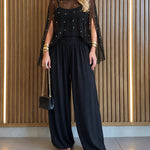 Women's 2-Piece Set Pearl Embellished Split Sleeve Chiffon Cape with Cami Lantern Jumpsuit