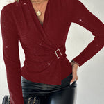 Rhinestone V-Neck Skinny Sweater Front Buckle Ruched Casual Top