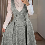 V-Neck Sleeveless Double Breasted Decor A Line Party Dress Causal Ziper Back Peplum Hem Commuting Dress