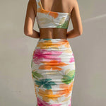 Women's One Shoulder Watercolor Floral Mesh Mid-length Dress Cut Out Ruched Bodycon Vacation Dress