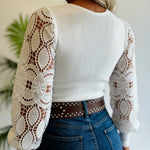 Women's V Neck Knit Top Lace Lantern Long Sleeve Pullover Ribbed Slim Fit Casual Sweater
