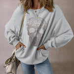 Women's Rhinestone Skull Graphic Loose Sweatshirt Drop Shoulder Crewneck Pullover Top