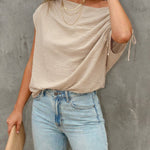Skew Neck Drawstring Sleeve Loose Fit Casual Top