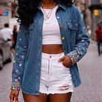Women's Floral Embroidered Denim Jacket Colorful Button Down Jean Coat Casual Washed Shacket