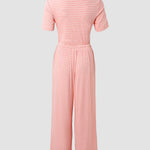 Women's 2 Piece Striped Pajama Set Short Sleeve Square Neck Crop Top and Wide Leg Pants Casual Loungewear