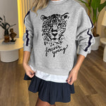 Women's Leopard Flocking Graphic Sweatshirt Crewneck Long Sleeve Pullover Casual Contrast Stripe Top