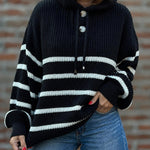 Women's Striped Henley Drawstring Hooded Sweater Loose Fit Lantern Sleeve Knit Pullover