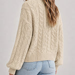 Women's Cable Knit Cardigan V Neck Button Down Chunky Knit Sweater Loose Lantern Sleeve Warm Outerwear