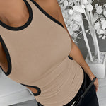 Women's Ribbed Contrast Trim Tank Top Sleeveless Crew Neck Cutout Slim Fit Stretch Casual Top