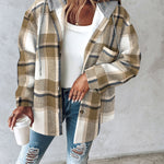 Plaid Print Button Front Pocket Design Drawstring Hoodie Jacket Casual Asymmetrical Hem Thermal Lined Shirt Coat