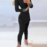 2 Pieces Outfit Mock Neck Long Sleeve Hollow-out Back Side Slit Longline Top and High Waist Slit Hem Pants Set Casual Pearls Decor Slim Fit Knit Lounge Set