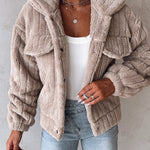 Textured Striped Turn-down Collar Button Front Elastic Cuff and Hem Teddy Fleece Jacket With Decorative Flap Pockets
