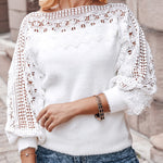 Crewneck Guipure Lace Long Sleeve Hollow Out Knit Sweaters Pullover Tops