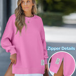 Letter Patch Detail Long Sleeve Drop Shoulder Pullover Sweatshirt Casual Zipper Side Slit Top