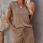 Women's V Neck Short Sleeve Top and Drawstring Shorts Set Casual Loose Fit Loungewear Two Piece Outfit with Pockets
