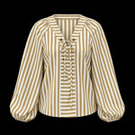 Women's Vintage Striped Lace-Up V-Neck Lantern Sleeve Blouse