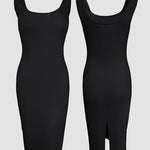 2 Pieces Outfit U-Neck Slit Back Slim Fit Knit Tank Dress and Pearl Button Front Baseball Coat Casual Ribbed Set