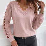Women's Lace Patchwork V-Neck Top Hollow Out Drop Shoulder Long Sleeve Knit Pullover Elegant Loose Fit Casual Tee