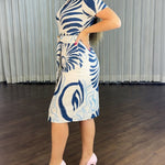 Abstract Print Short Sleeve Hollow-out Front Midi Dress with Belt