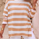 Women's Striped T Shirt Long Sleeve Drop Shoulder Crewneck Tee Side Slit Casual Loose Fit Top
