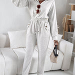 Turn-down Collar Overlap V-Neck Drawstring Stretchy Waist Jumpsuit Casual Flap Pockets Design Jumpsuit