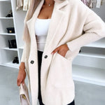 Notched Collar Long Sleeve Single Breasted Coat Casual Mid-legth Fuzzy Coat with Pockets