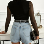 Sheer Mesh Spliced Long Sleeve Slim Fit Sexy Top