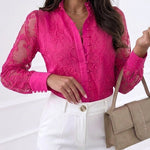 Women's Elegant Mesh Patchwork Shirt Floral Embroidery Stand Collar Pearl Button Long Sleeve Blouse