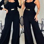 2 Pieces Outfit Metal Decor Square Neck Thick Strap Zipper Back Cinched Waist Wide Leg Jumpsuit and Casual Crop Cardigan Set