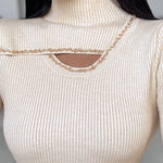High Neck Long Sleeve Beaded Knit Sweater Hollow-out Fleece Lined Basic Layering Soft Versatile Thermal Top