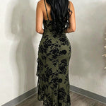 Women's Vintage Flocking Floral Maxi Dress Sexy Cowl Neck Cami Dress High Slit Backless Bodycon Evening Gown