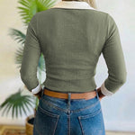 Women's Contrast Lapel Collar Faux Two-Piece Knit Top Long Sleeve Slim Fit Top