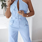 2 Pieces Outfits Sleeveless High Neck Cargo Pockets Design Top And Casual Cuffed Long Pants Set