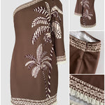 Women's Tropical Print One Shoulder Mini Dress Three Quarters Sleeve Fringe Hem Vacation Dress