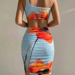 Women's One Shoulder Floral Mesh Midi Dress Ruched Cut Out Bodycon Dress Sleeveless Cocktail Dress