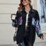 Colorblock Sequin Patchwork Long Sleeve Jacket Top Button Front Raw Hem Shacket