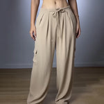 High Waist Drawstring Pleated Front Wide Leg Trousers Casual Flap Pockets Design Cargo Pants