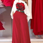 Rose Print Lantern Sleeve Top & Wide Leg Pants Set