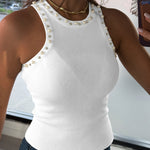 Women's Pearls Rhinestone Knit Racerback Tank Top Ribbed Crewneck Sleeveless Top