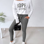 2 Pieces Outfit NOPE. not today Slogan Print Skew Neck Long Sleeve Pullover Top and Casual Drawstring Stretchy Waist Slim Fit Pants Set