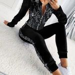 2 Pieces Outfit Contrast Sequin Ruched Long Sleeve Zip Up Coat and Elastic Waist Pants Set Casual Slim Fit Velvet Tracksuit